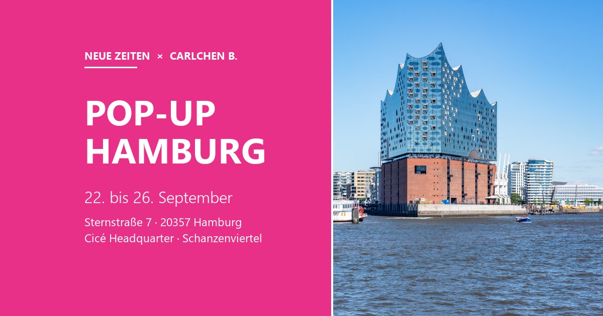 Hamburger Hafen mit Elbphilharmonie bei Sonnenschein, daneben der Hinweis Pop-up Hamburg vom 22. bis 26. September in der Sternstrasse 7